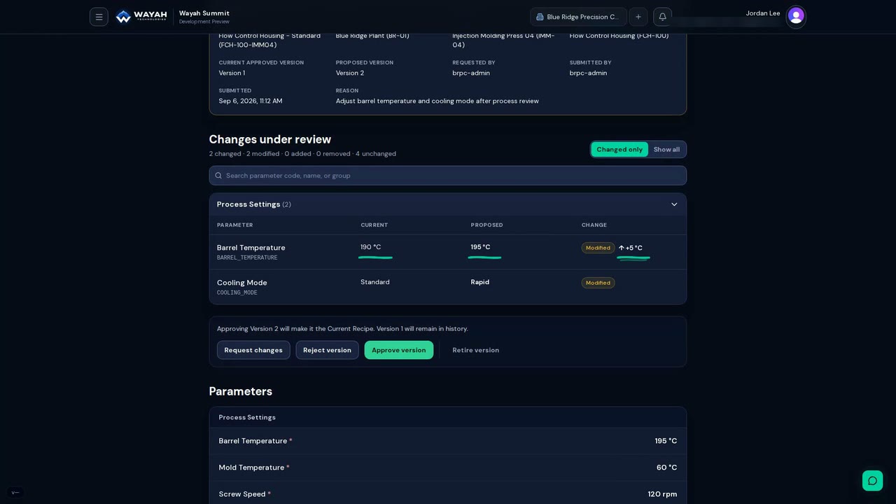 Side-by-side Recipe Version comparison